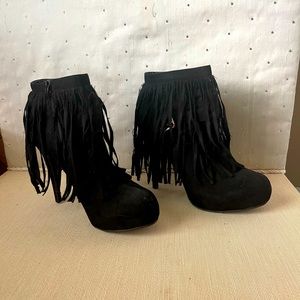 Faux Suede Black Fringe High Heel Ankle Booties